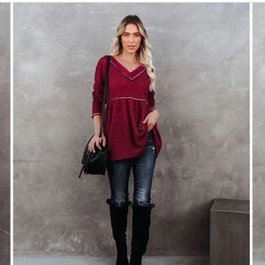 Waffle Knit V-Neck Tunic Top - Burgundy